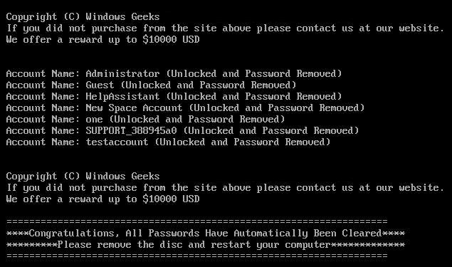 Screenshot of Windows Geeks Recovery Tools for Windows XP 2000 NT Vista 20003 Server Reset Recovery Bypass Unlock Recover Forgotten Password